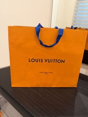 Louis Vuitton Orange Shopping Bag with Blue Handles